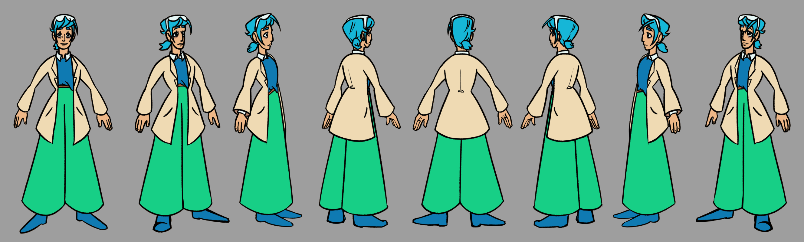 A character design turnaround of a scientist with blue hair in a messy ponytail, protective lab glasses, a cream colored coat, blue sweater, and green flared pants.