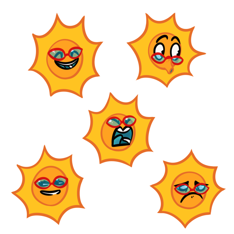 An expression sheet of a character with a sun for a head.