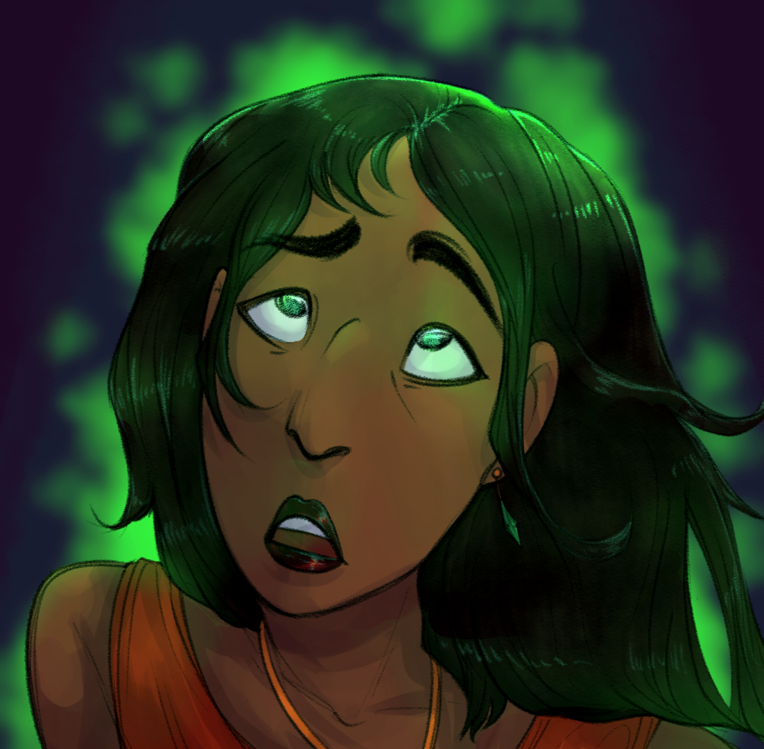 A drawing of Bella Goth, looking worriedly into a glowing green light.