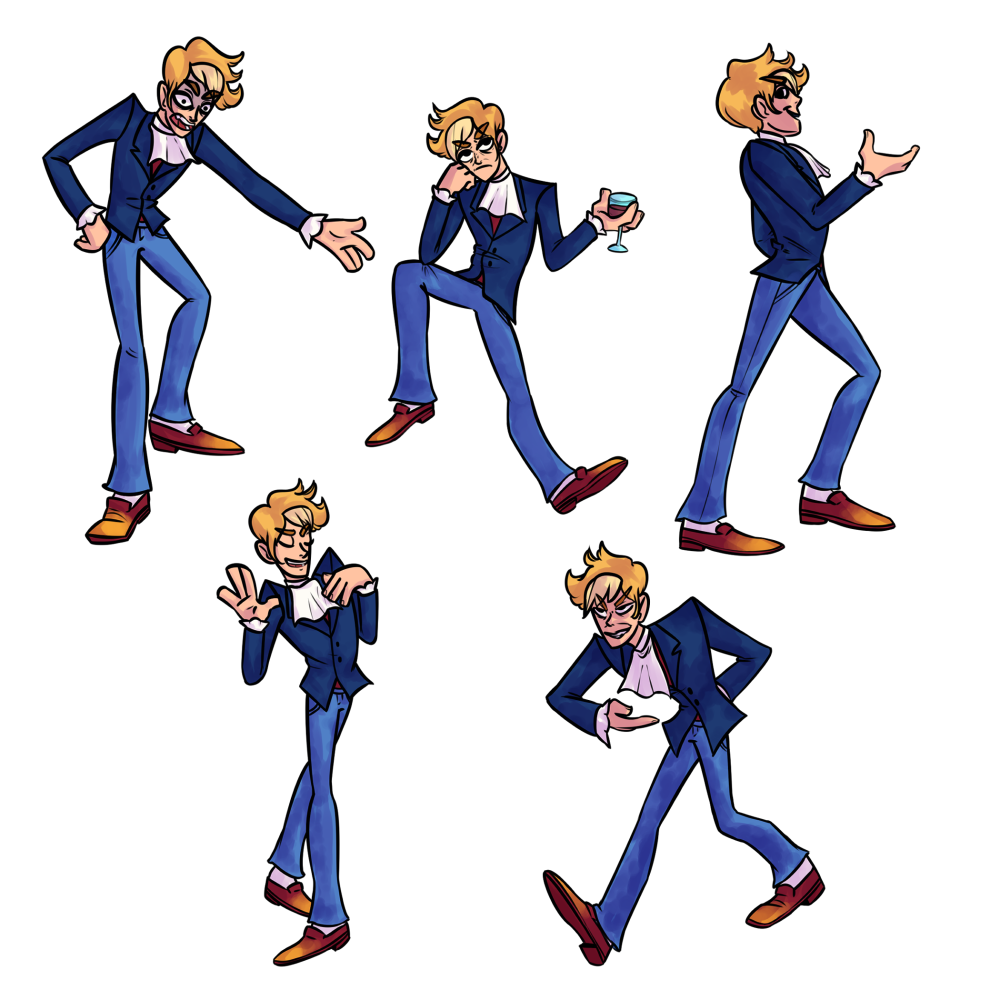 Five full color poses of a blond man in a blue suit and a white cravat. In two of the poses, he's gloating, in two poses he's angry, and in one pose he's bored, holding a wine glass.