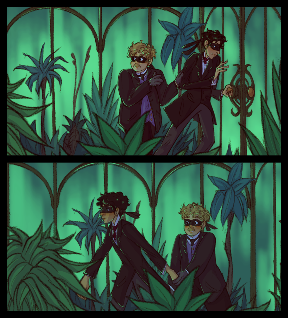 Two comic panels. In the first, Sherlock Holmes and Watson are breaking into a greenhouse in formal wear and black masks. In the second, Holmes leads Watson through the greenhouse by the hand.