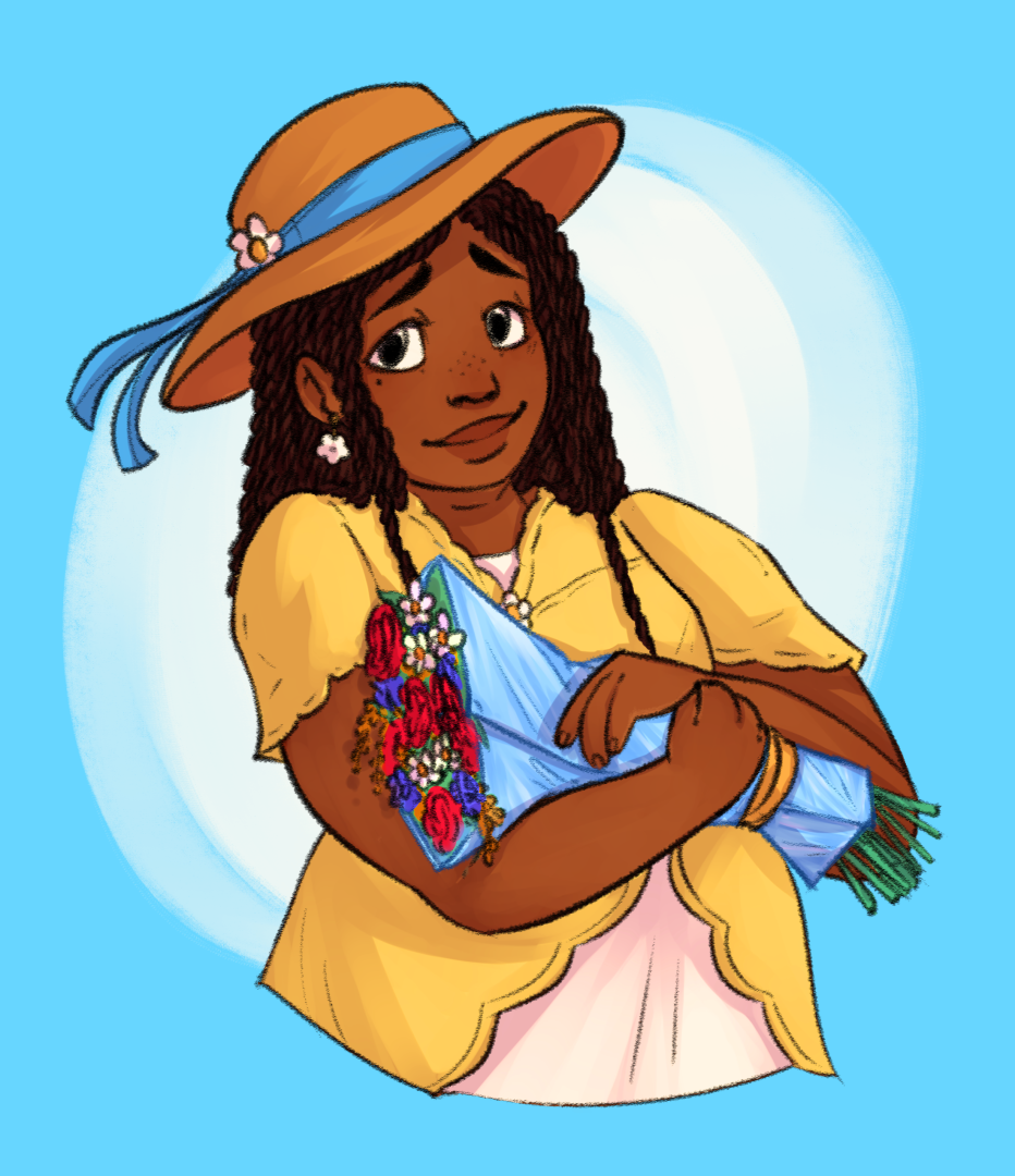 A drawing of a girl in a yellow dress and sun hat with long box braids holding a bouquet.