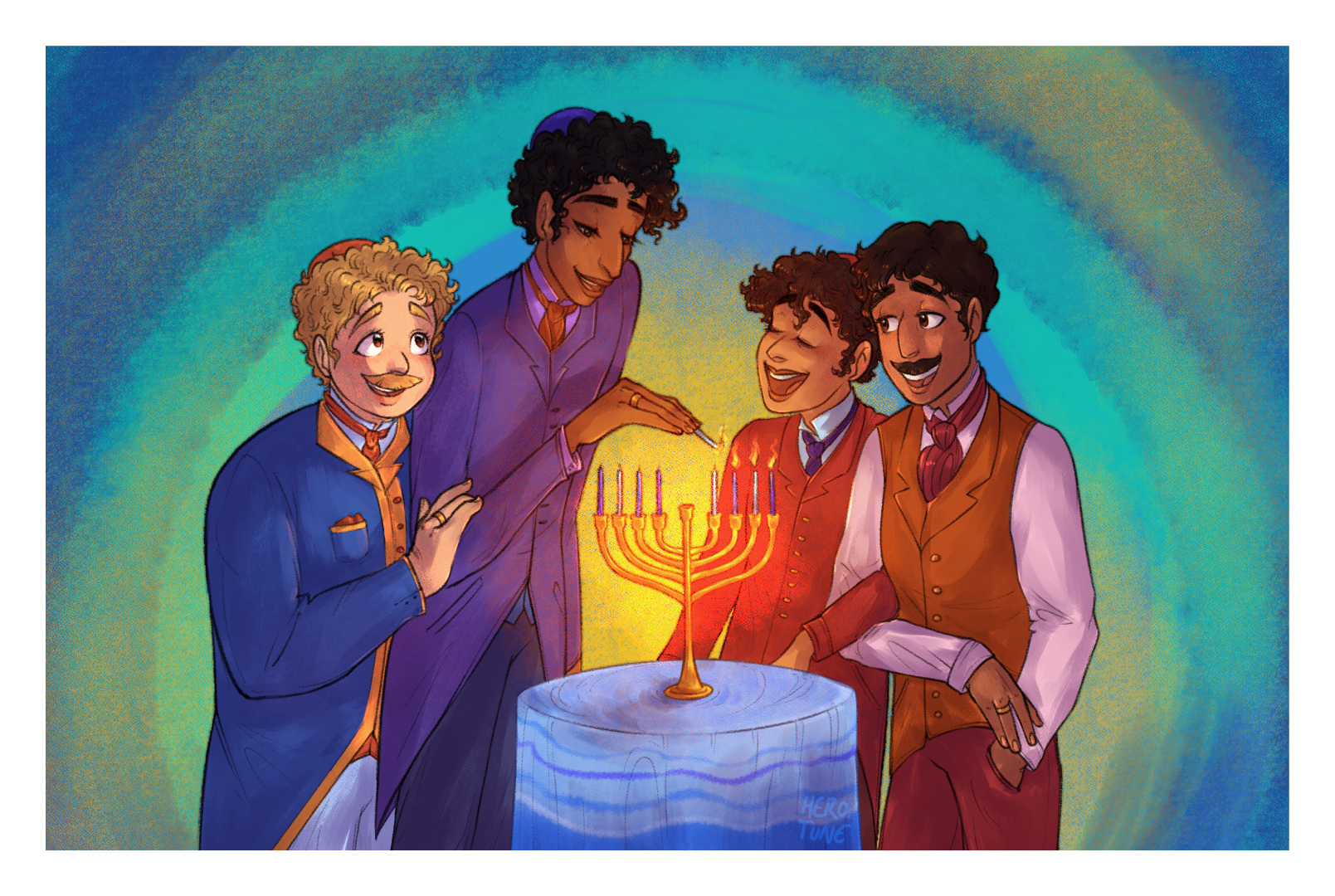 A drawing of Sherlock Holmes, Watson, Irene Adler, and Godfrey Norton celebrating Hannukkah.