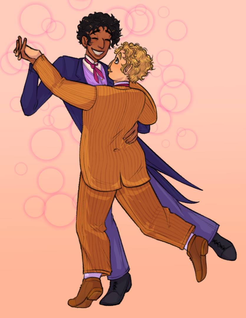 A drawing of Sherlock Holmes and Watson dancing together.