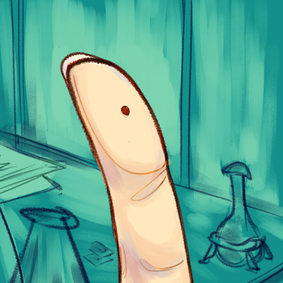 A drawing of someone holding up their index finger, a pinprick of blood in the middle of it. The background is a monochrome teal laboratory.