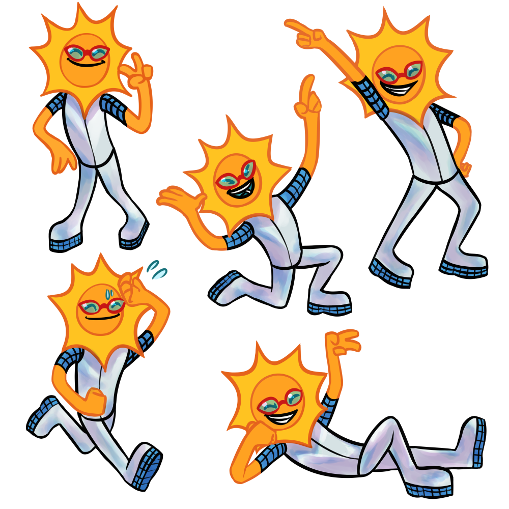 Five full color poses of a character with a sun for a head, who is wearing red glasses and a silver jumpsuit with platform boots. The sleeves of the jumpsuit and soles of the shoes have a solar panel grid pattern. In one pose they're running, in one pose they're lying on the ground giving a peace sign, in one pose has them doing a 70s disco point dance, one has them kneeling and excitedly pointing up, and one pose has them standing and giving a peace sign.