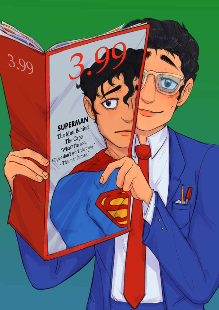 A drawing of Clark Kent holding a magazine, covering half his face, with Superman on the cover.