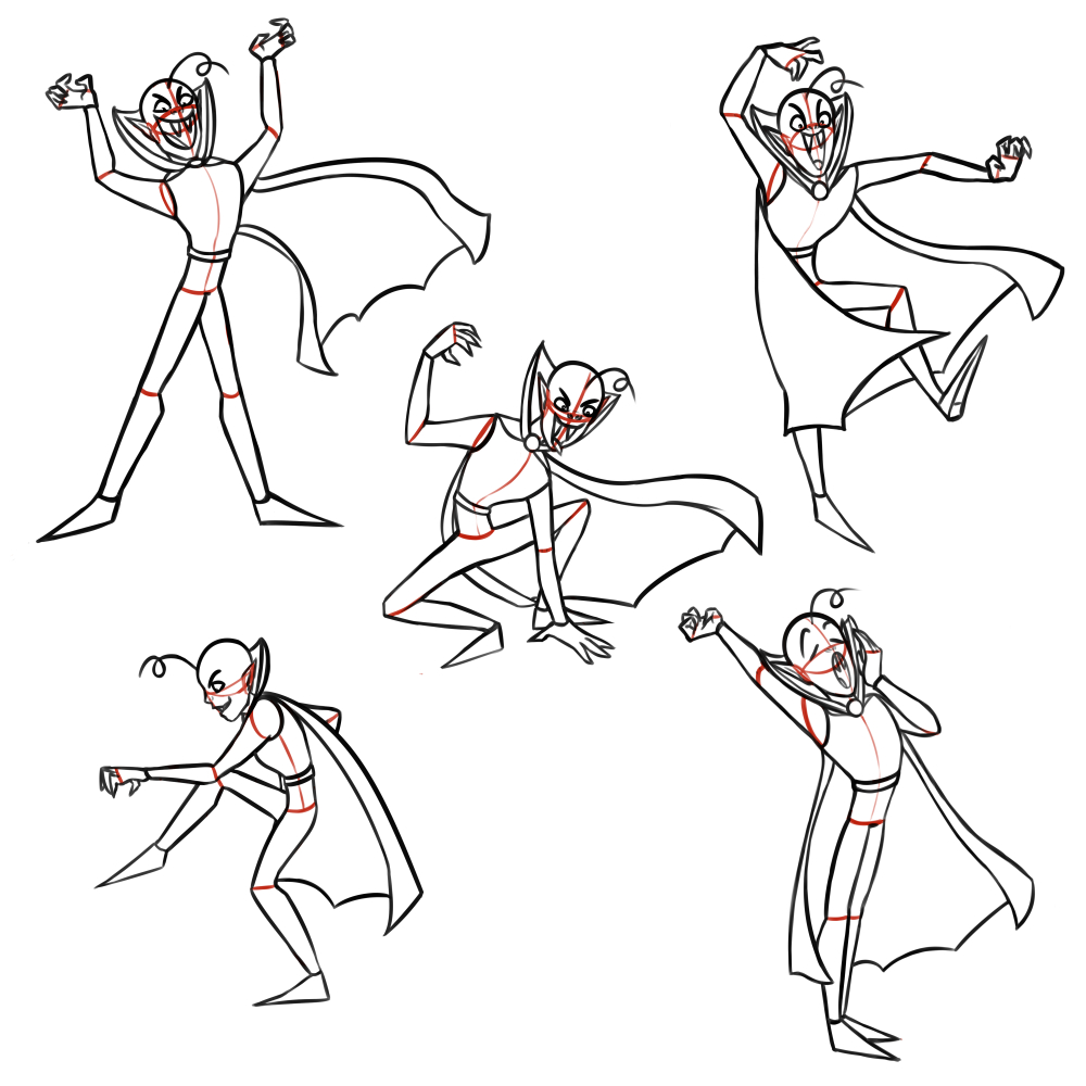 Five line drawing poses of a vampire with one curly hair on their head, a cape, a belt, and pointed shoes. The drawings are broken down with red lines to mark the construction and proportions of the character. One pose has them sneaking around, one has them laughing maniacally, one has them yawning, one has them crouching, and one has them raising their hands into claws in a goofy cartoon vampire way.
