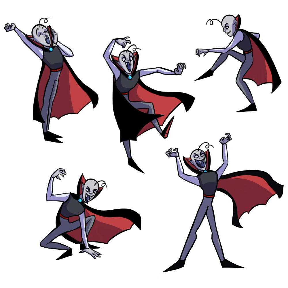 Five full color poses of a vampire. They only have one curly hair sticking from their head, and are wearing a black and red cape, a white shirt under a black tank top, a red belt, and black pointed shoes with red soles. One pose has them sneaking around, one has them laughing maniacally, one has them yawning, one has them crouching, and one has them raising their hands into claws in a goofy cartoon vampire way.