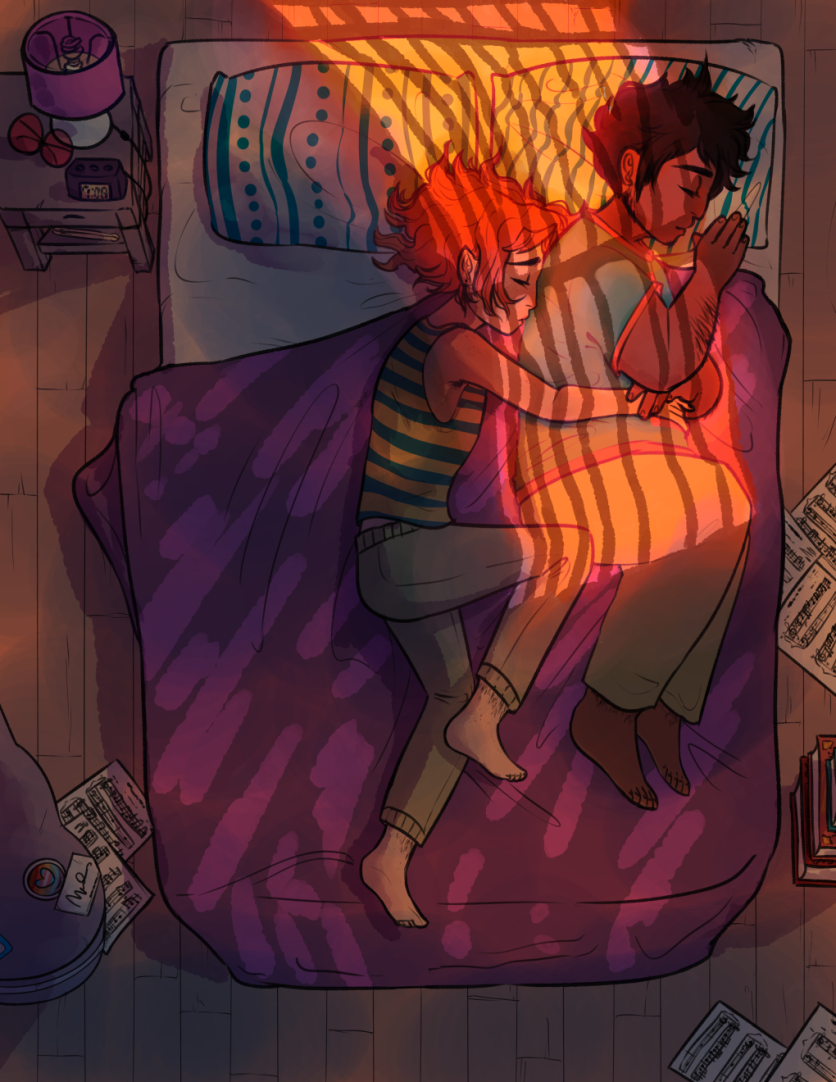 A drawing of two men cuddling in bed as the sunlight hits them. One of the men has medium length red hair, and is wearing a blue and yellow striped tank top and grey sweatpants. The other has short dark hair, and is wearing a blue and red ringer tee. They are both wearng grey sweatpants.