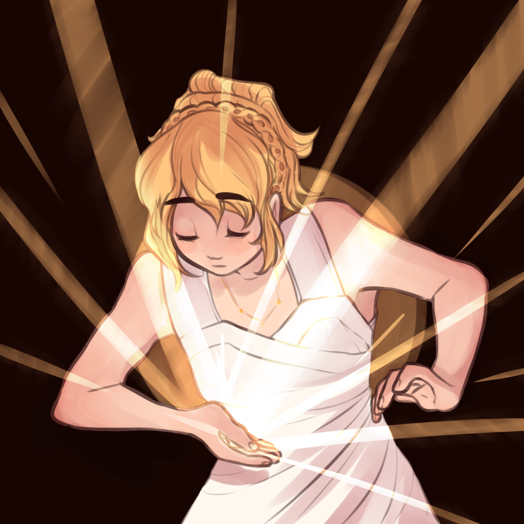 A drawing of Lunafreya from Final Fantasy XV looking at something in her hand, which is glowing and casting rays of light around her.