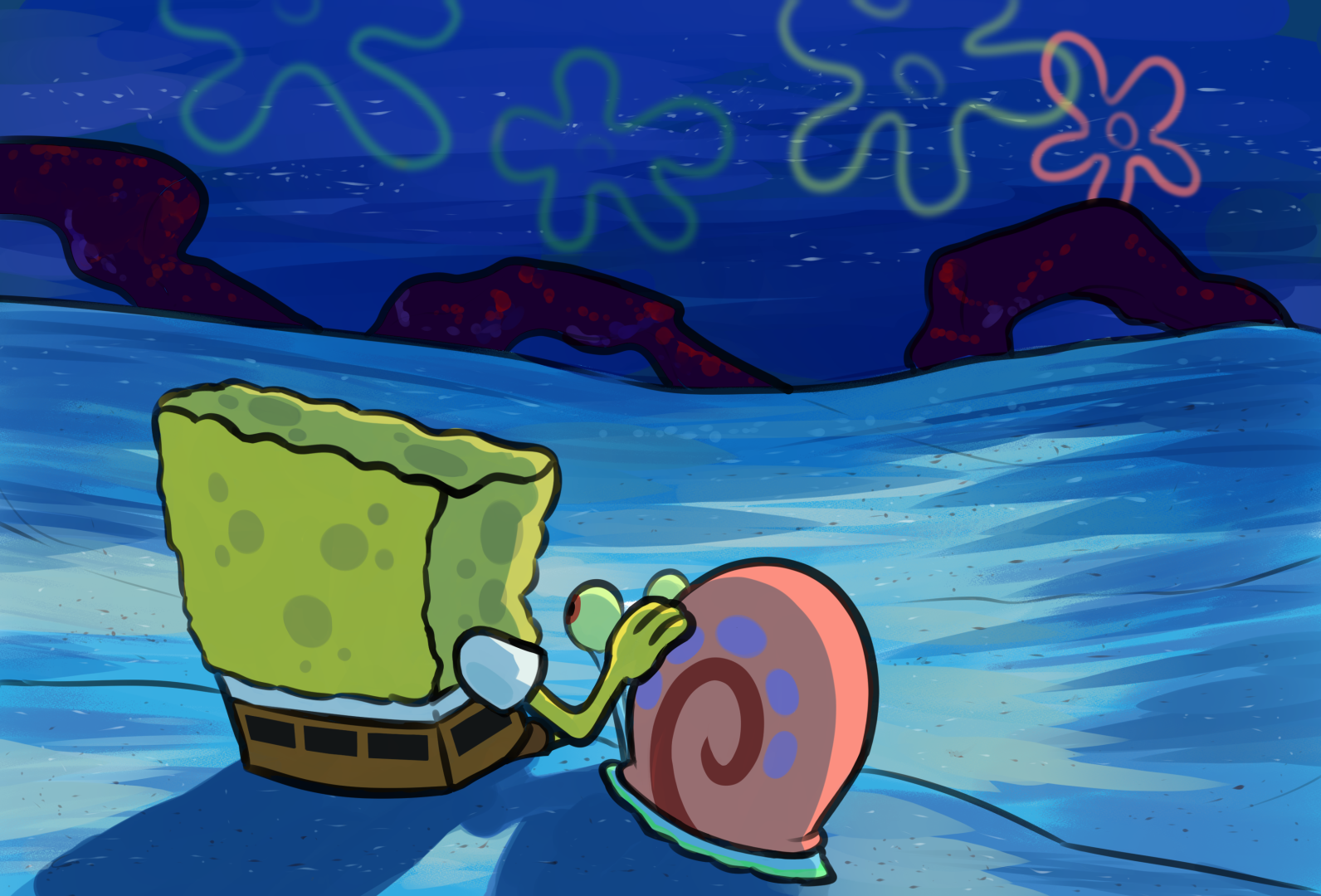 An illustration of Spongebob and Gary from Spongebob Squarepants looking out over an open underwater landscape at night.
