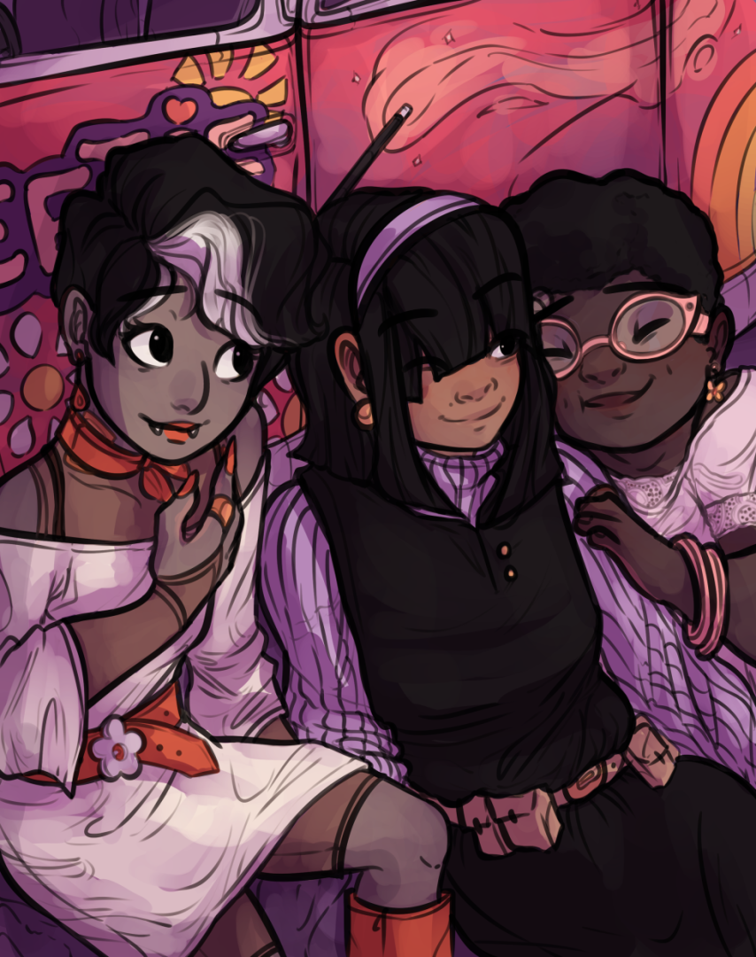 A drawing of three women smiling and sitting side by side against a van. One of the women is a vampire wearing a white dress. She has short black hair with a white streak in it. Another one of the women has long black hair with bangs that cover their eyes and is wearing a purple sweater under a black dress. The third woman has a short afro, and is wearing a white t-shirt and pink glasses and bracelets.