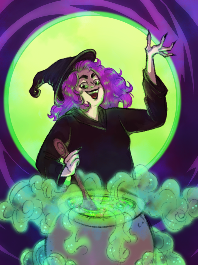 A drawing of a witch stirring a cauldron and laughing maniacally.