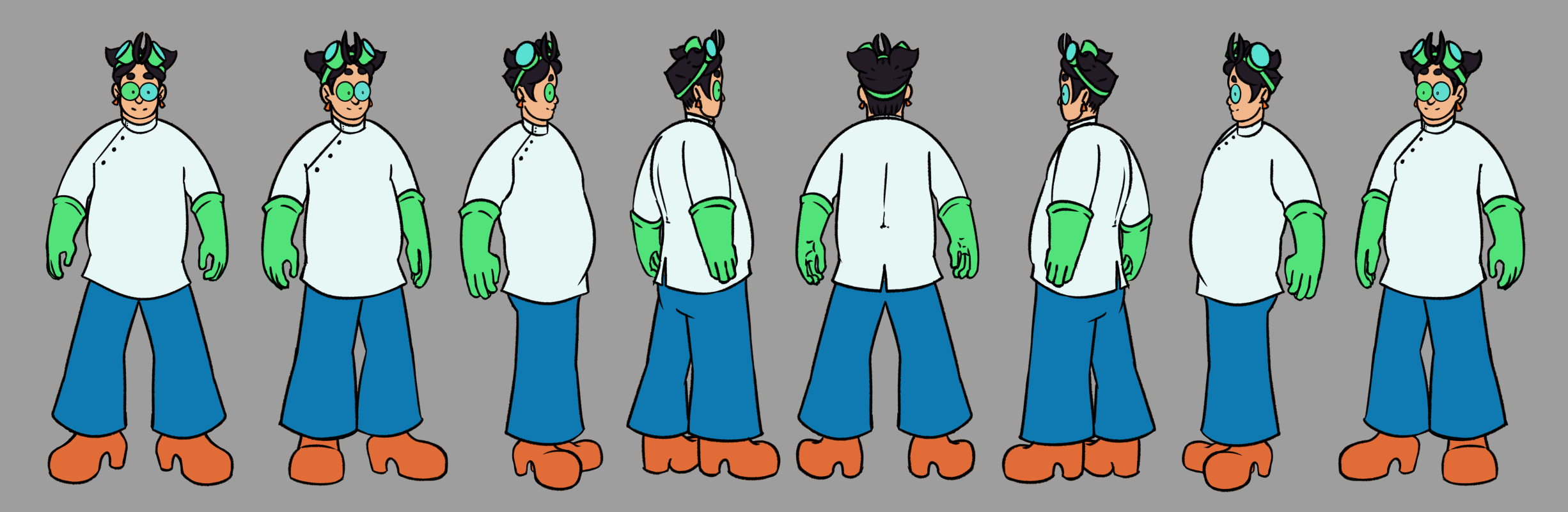 A character design turnaround of a mad scientist with black hair, a white mad scientist lab coat, green gloves, flared jeans, orange platform boots, and two pairs of goggles.