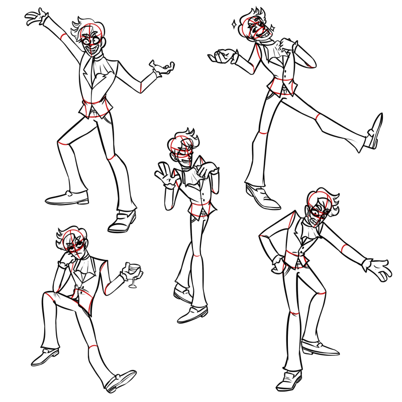 Five line drawing poses of a man in a suit and cravat. The drawings are broken down with red lines to mark the construction and proportions of the character. In two of the poses, he's gloating, in two poses he's angry, and in one pose he's bored, holding a wine glass.