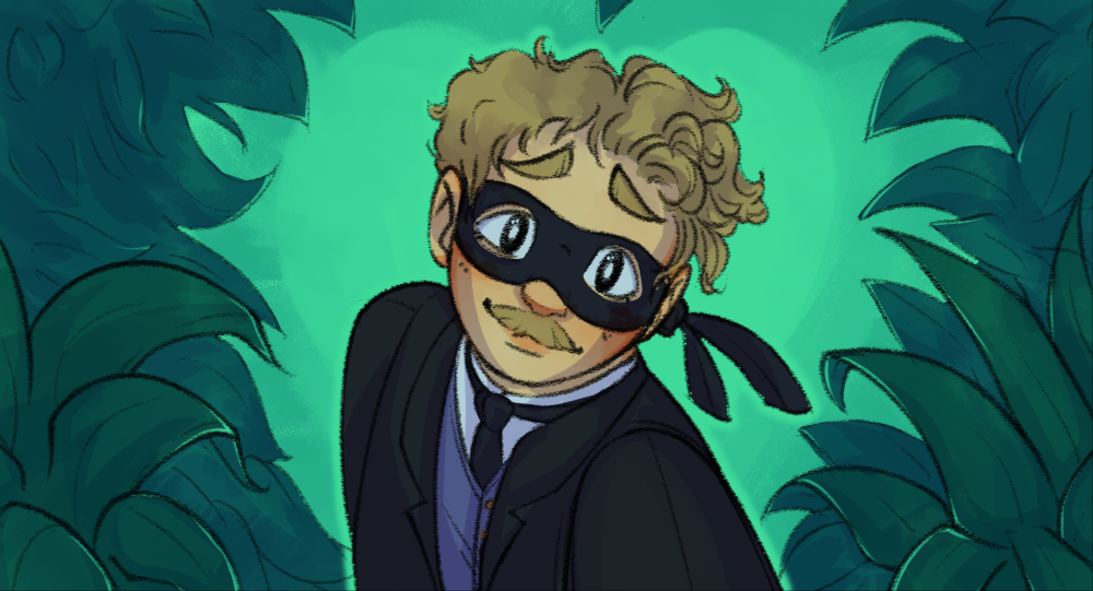A drawing of Watson surrounded by plants, looking like he's in love.