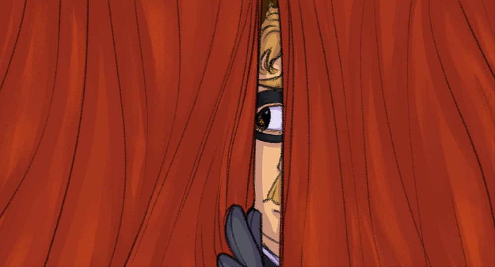 A drawing of Watson peeking out from behind a curtain.