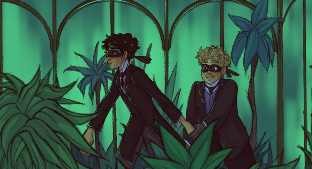 A drawing of Sherlock Holmes leading Watson through a greenhouse by the hand.