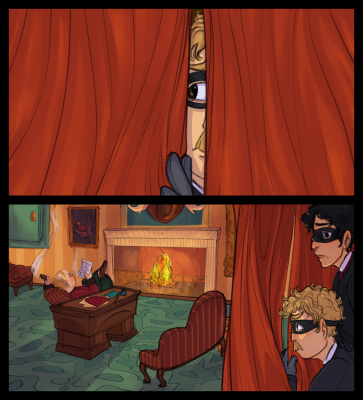 Two comic panels. Sherlock holmes and Watson are hiding behind a pair of curtains, looking at a man in a lavish study.