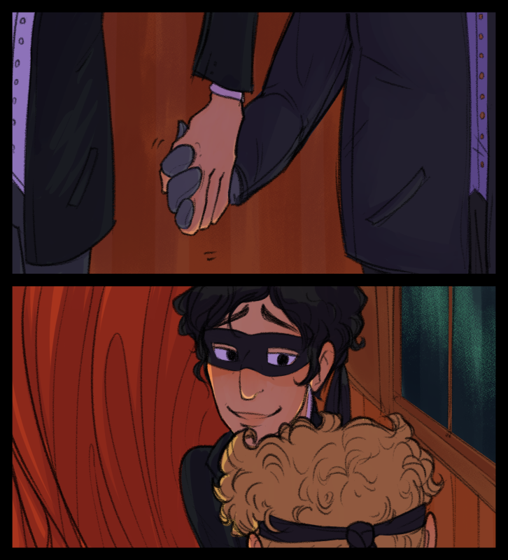 Two comic panels. Sherlock Holmes holds Watson's hand, and looks down at him lovingly.