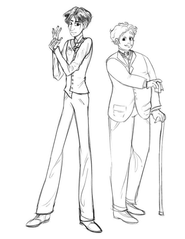 A sketch of Sherlock Holmes and Watson standing next to each other.