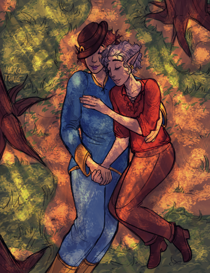 A drawing of the artist's Baldur's Gate 3 character cuddling with Astarion in a forest.