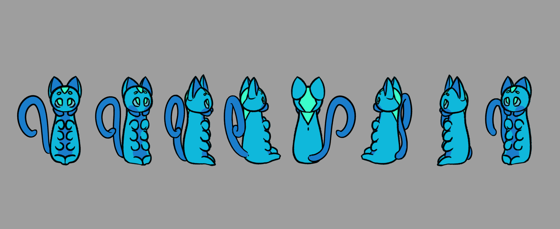 A character design turnaround of a cat and caterpillar hybrid, which looks like a small blue cat with 8 legs and caterpillar mandibles.