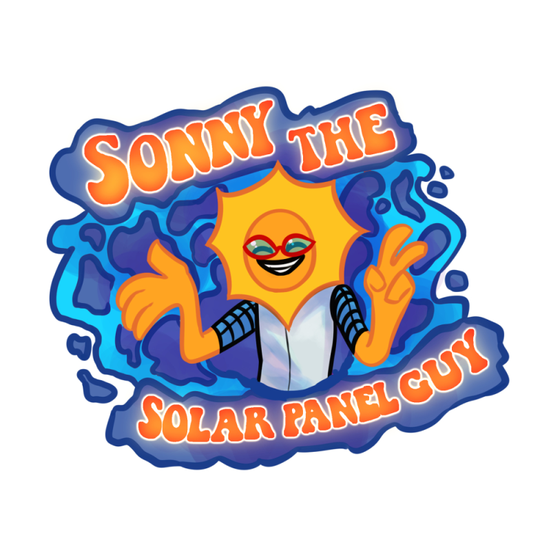 A splash icon of a character with a sun for a head and a silver jumpsuit giving a peace sign against a blue lava-lamp esque blue background, with 70s style text above and below them reading 'Sonny the Solar Panel Guy.'
