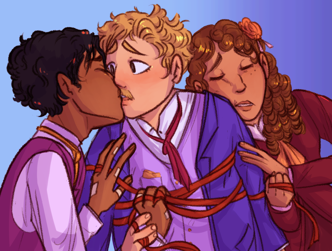 A drawing of Watson tangled up in the red thread of fate, which is being held by Sherlock Holmes and Mary Morstan. Holmes is kissing Watson, and Mary is leaning on Watson's shoulder.