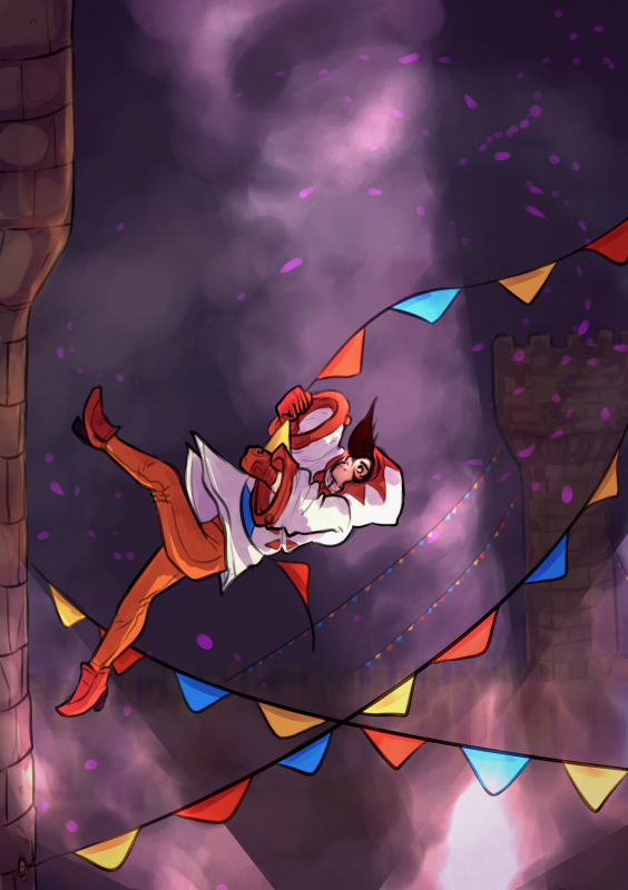A drawing of Garnet from Final Fantasy IX, a girl with orange pants, red boots, and a red and white hooded jacket. She is swinging from a castle tower on a triangle flag party garland.