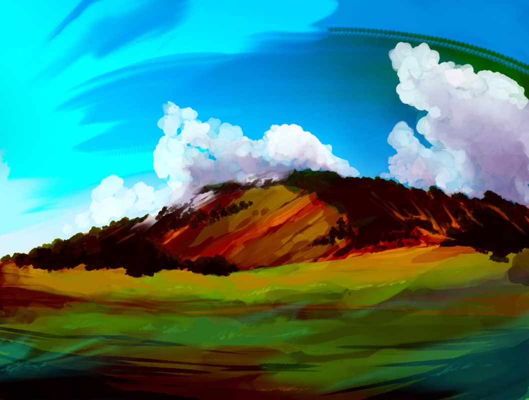 A landscape painting of a mountain, with clouds rising over it.